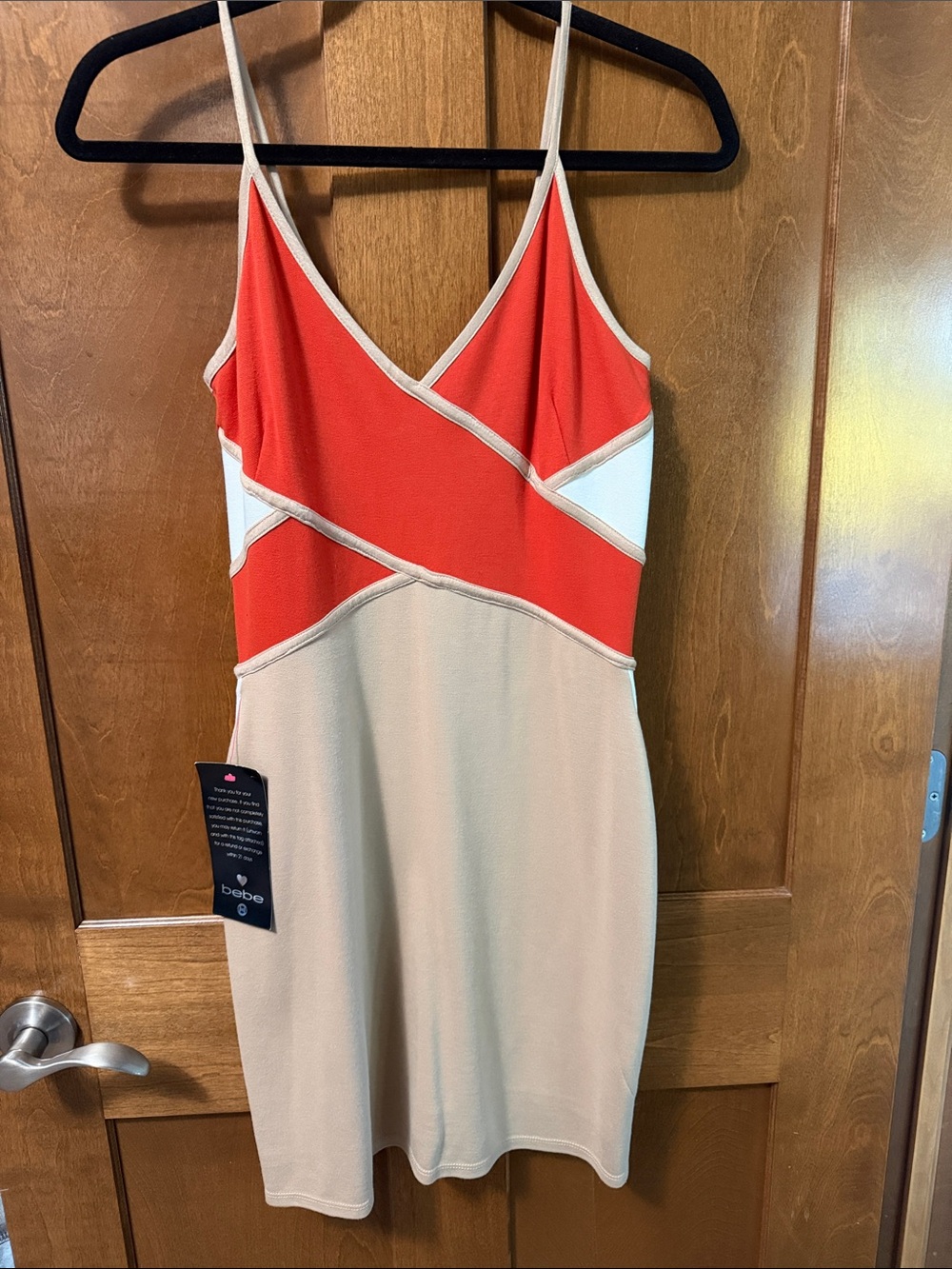 bebe Coral, Nude and White Spaghetti Strap Colorblock Mini Dress